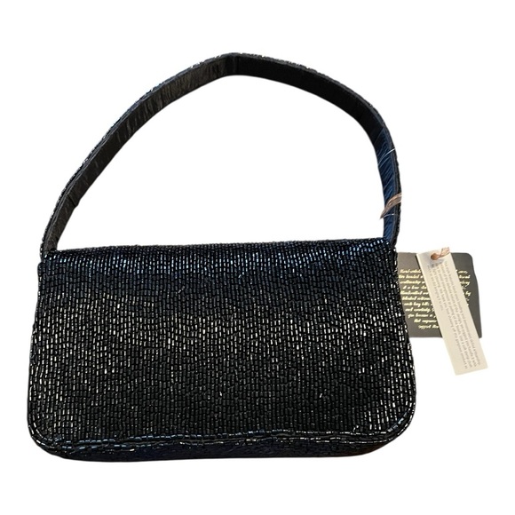 From India to You Hand Beaded NYC Skyline Shoulder Purse, Black, Gold & Silver.